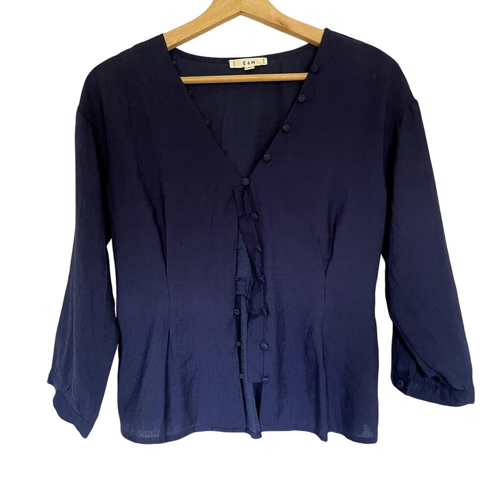 E & M navy women's size medium rayon nylon v-neck blouse decorative buttons